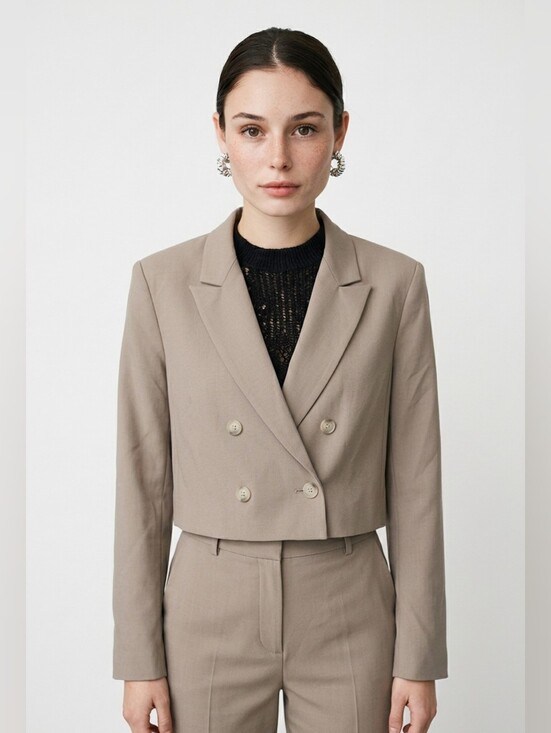 Babaton Jackets & Blazers - BABATON Cropped Double-Breasted Women's Wool Blazer in Taupe